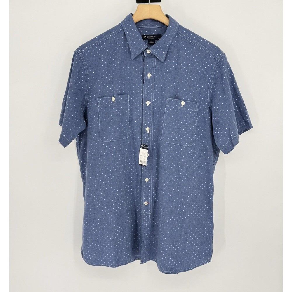 Cremieux Classics Men's Short Dot Sleeve Shirt Large Blue Solid Cotton NWT $80 - Picture 2 of 5
